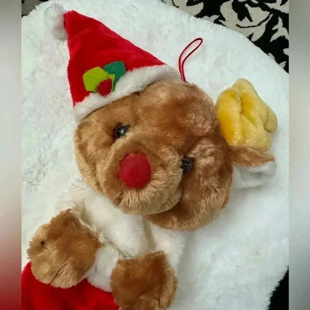 Vintage Christmas Stocking Teddy Bear Santa Hat Reindeer 80’s 90’s Cute Gift - Picture 4 of 11